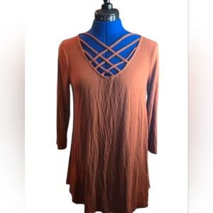 Zenana Outfitters Rust Orange Crisscross Neckline Flowy Top